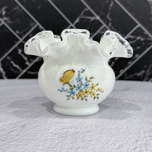 Fenton Other - Fenton Silver Crest Vase 4" Hand Painted Blue Yellow Butterflies Signed VTG